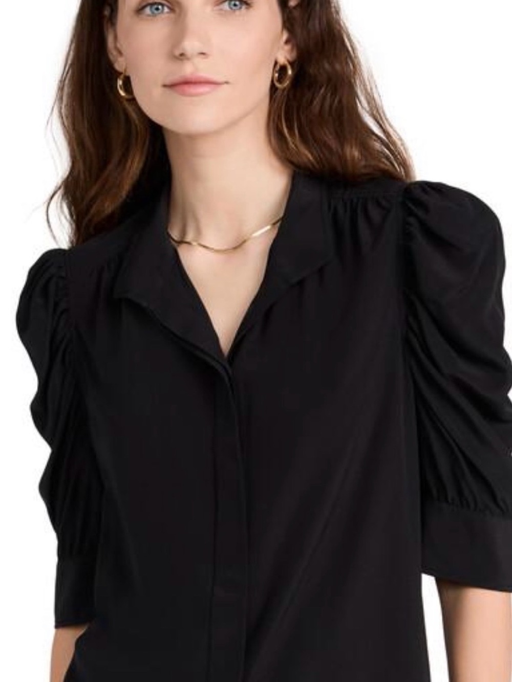 Frame Silk Black Puff-Sleeve Button-Front Blouse